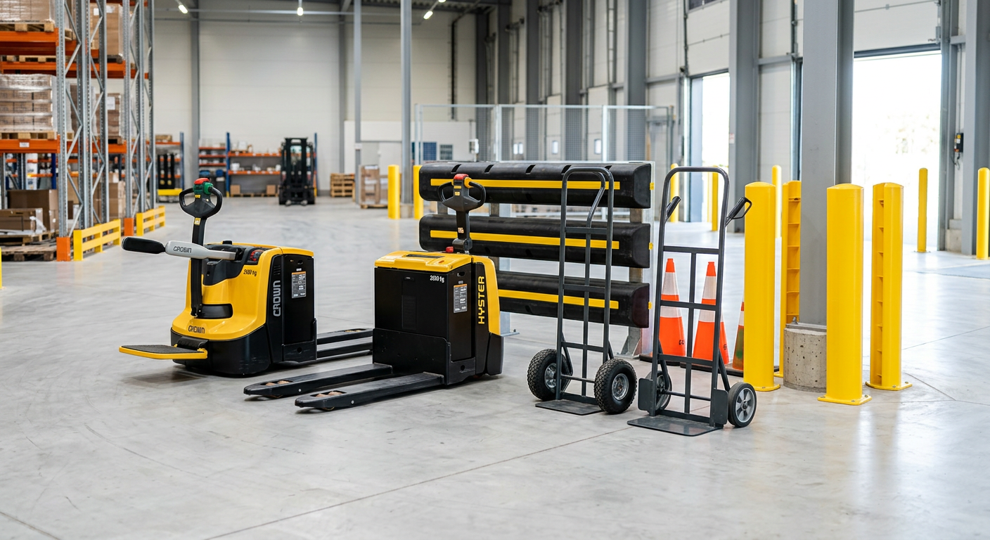 Material handling equipment including pallet jacks and industrial shelving at Alliance Material Handling in Jessup, MD