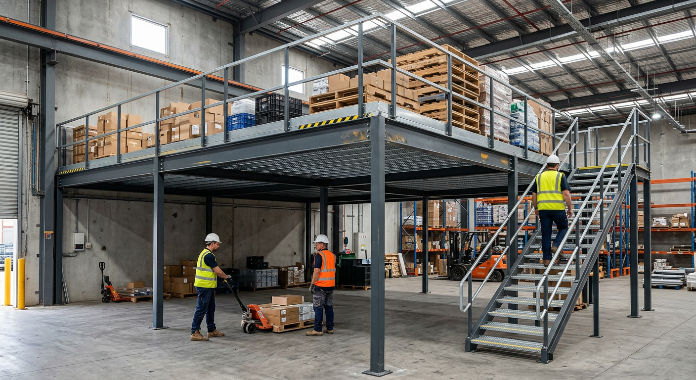 Modular steel mezzanine system installed in a warehouse by Alliance Material Handling in Maryland