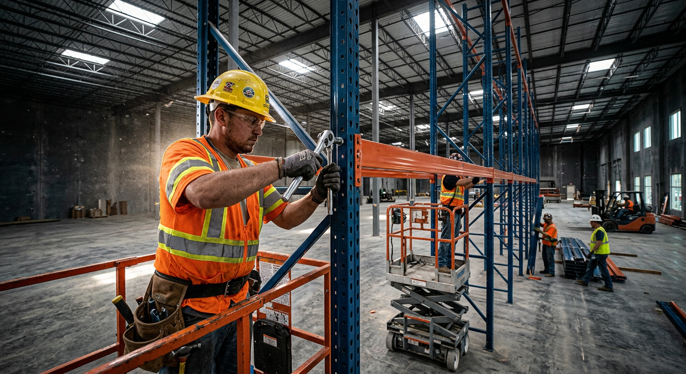 Professional pallet rack installation crew working in a warehouse for Alliance Material Handling in Maryland